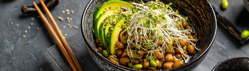 Natto bowl with avocado and sprouts offers healthy Japanese meal with soybeans and sesame seeds in rustic ceramic dish