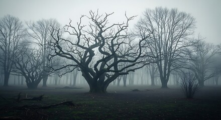 Eerie, atmospheric image of bare trees in a foggy forest, creating a haunting scene.
