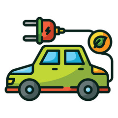 A green electric car being charged by a plug with a leaf symbol