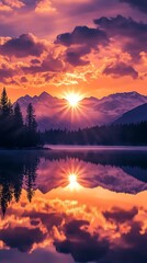 Majestic Sunrise Reflecting on Still Lake Water With SnowCapped Mountains and Pine Forest