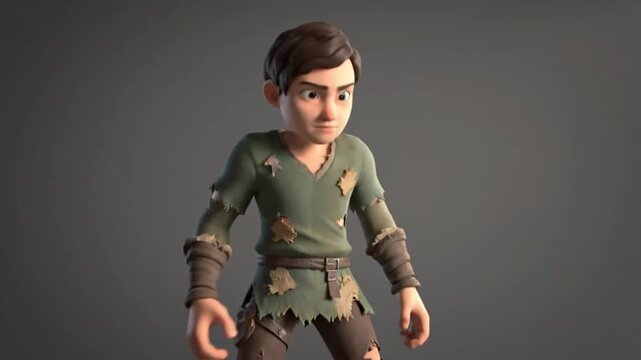 3D rendered illustration of a young elf standing against a dark gray background with a green tunic.