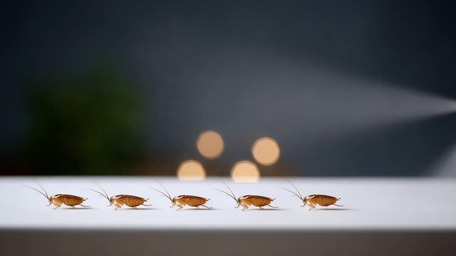 A hand in gloves sprays insecticide on cockroaches lined up on a surface with visible mist in the air. The concept reflects pest control, hygiene, and extermination in households or commercial spaces