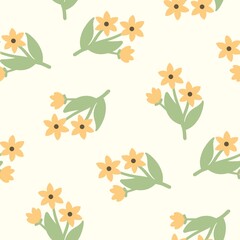 Pastel yellow green floral Seamless pattern with yellow flowers and green leaves illustration. Cute botanical digital paper design for fabric, wrapping, background and wallpaper