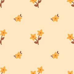Seamless pattern with yellow flowers and brown leaves illustration. Autumn floral digital paper design for fabric, wrapping, background and wallpaper