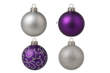 Christmas ornaments set including matte purple, glitter silver, and patterned purple decorations on transparent background