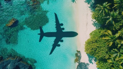 Airplane shadow over tropical beach.