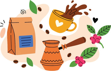 Freshly brewed coffee illustration with beans and bag for cafe, blog, or menu design