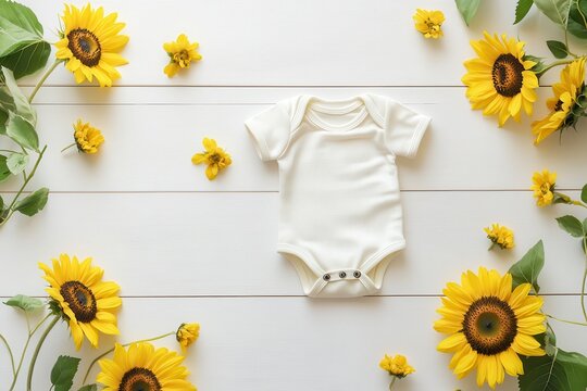 Flat lay baby bodysuit on white wood with sunflowers around it. Perfect for baby apparel mockups, shower invitations, and announcements.