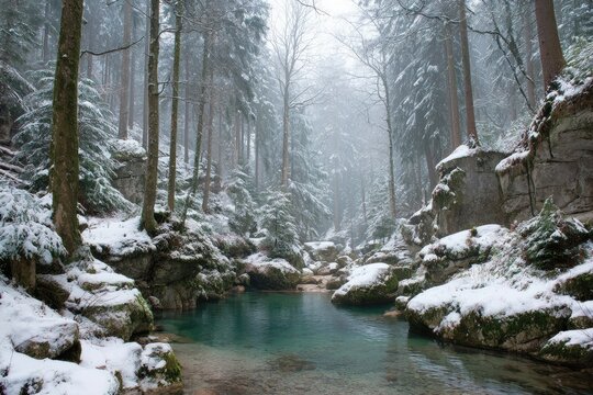 Snowy winter forest with a turquoise stream