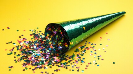Green cone spilling colorful confetti on yellow.