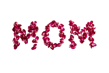 "MOM" word made of red rose petals, isolated on white transparent background.