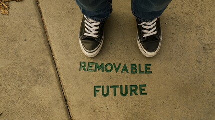Person's feet in sneakers above "Removable Future" on pavement.