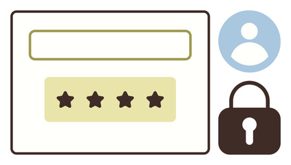 Password entry form with four stars, profile circle symbol, and lock icon emphasizing user data protection. Ideal for security, privacy, authentication, login, access control, technology user