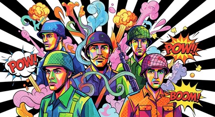 Retro Soldiers Graphic Colorful Vintage Style with Comic Effects