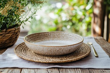 Rustic bowl on woven placemat with flowers, spoon, and natural background. Perfect for food blog, recipe, or wellness content visuals.