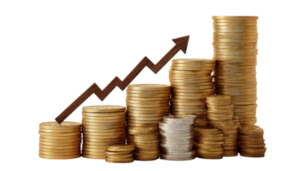 Stacks of gold and silver coins with upward arrow symbolize financial growth, investment success, wealth accumulation, and positive economic trends in business context