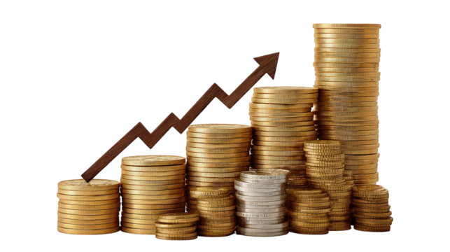 Stacks of gold and silver coins with upward arrow symbolize financial growth, investment success, wealth accumulation, and positive economic trends in business context