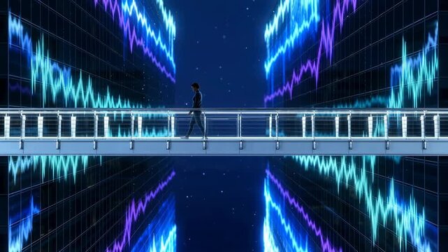Digital journey: Silhouette walking on a futuristic bridge amidst glowing data waveforms and reflections