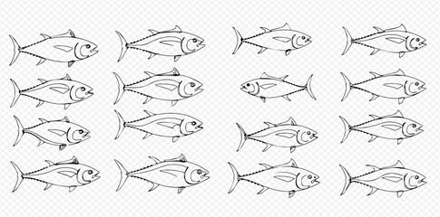A repeating grid pattern of hand-drawn line art illustrations depicting various tuna fish swimming.