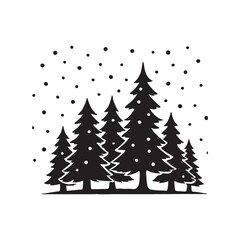 Obraz premium Elegant Black and White Winter Forest Silhouette with Falling Snow for Christmas and Holiday Season Greetings and Festive Decoration