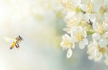 Bee in flight near white spring blossoms.