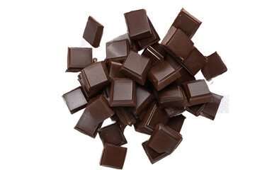 Heap of dark chocolate pieces, top view, isolated on white transparent background