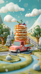 3d Clay illustration of a tiny food truck carry pancake
