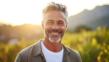 Man smiles at golden hour.