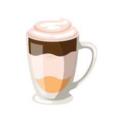 A layered coffee drink in a clear glass mug with a handle