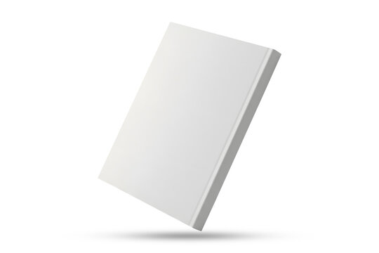 An angled, floating view of a closed white book's front cover. White book mock up blank cover template design, transparent background, 3d rendering