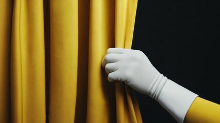 Hand in glove opening yellow curtain.