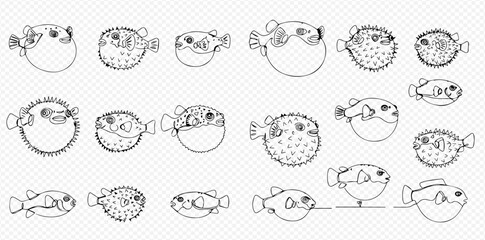 A collection of black and white cartoon pufferfish illustrations in various inflated and deflated poses, showcasing their unique aquatic appearance.