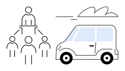 Fototapeta na wymiar Team hierarchy connecting individuals to a leader beside a compact car in motion. Ideal for teamwork, transport, mobility, organization, leadership, workflow, connectivity. Simple flat metaphor