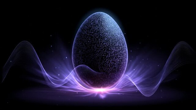 A cosmic, spherical object speckled with stars rests atop swirling, luminous waves, bathed in purple light