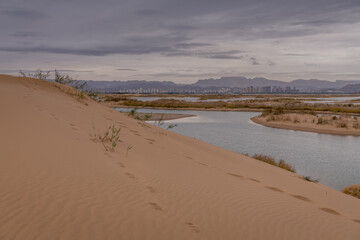 Dramatic sky over the never-ending sand dunes and a river of the Gobi desert in Inner Mongolia, China. Background with copy space for text, black and white