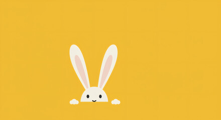 Fototapeta premium Adorable minimalist white rabbit illustration peeking shyly from the bottom on a vibrant yellow background, perfect for cheerful and cute designs