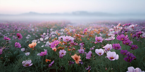 Fototapeta premium Foggy Field of Cosmos Flowers
