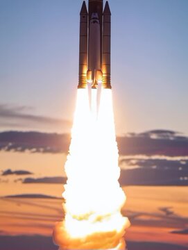 A space rocket launching into twilight sky, glowing exhaust, cinematic fade, vertical video
