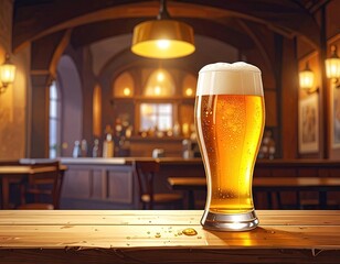 Golden Beer in a Rustic Pub Setting