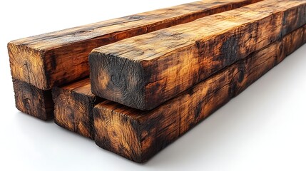 Fototapeta premium Stacked Reclaimed Wood Beams Showing Texture and Grain on a White Background