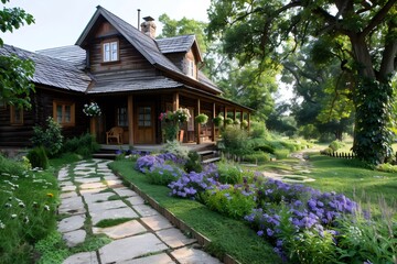Fototapeta premium Charming wooden country house with blooming garden and pathway