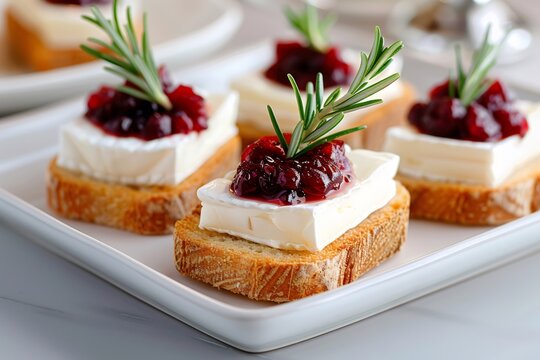 Toasted baguette slices with brie cheese and cranberry sauce, garnished with fresh rosemary, resting on white serving plate