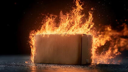 A cardboard box engulfed in flames, symbolizing danger and catastrophic scenarios.