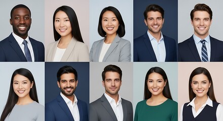 Diverse group of smiling professional men and women in business attire showcasing a variety of ethnicities and genders for corporate headshots