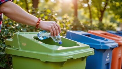 Disposing Plastic Bottle Into Recycling Bin Outdoors
