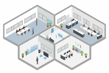 Isometric view of a modern office space with meeting rooms and workstations