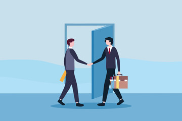 Two businessmen in suits shaking hands and making a deal in front of an open doorway