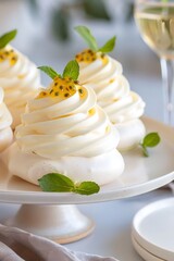 Mini pavlova dessert with passion fruit and mint on cake stand