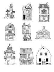 Collection of Vintage Architectural Sketches Featuring Diverse Styles and Designs of Houses and Buildings