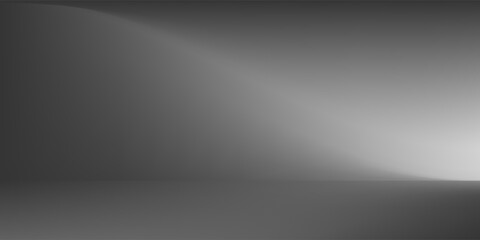 Black and white gradient abstract pattern studio background Light gives a luxurious shine. The walls and floor of the room are shiny, flat metal, with deep curves and dimensions.